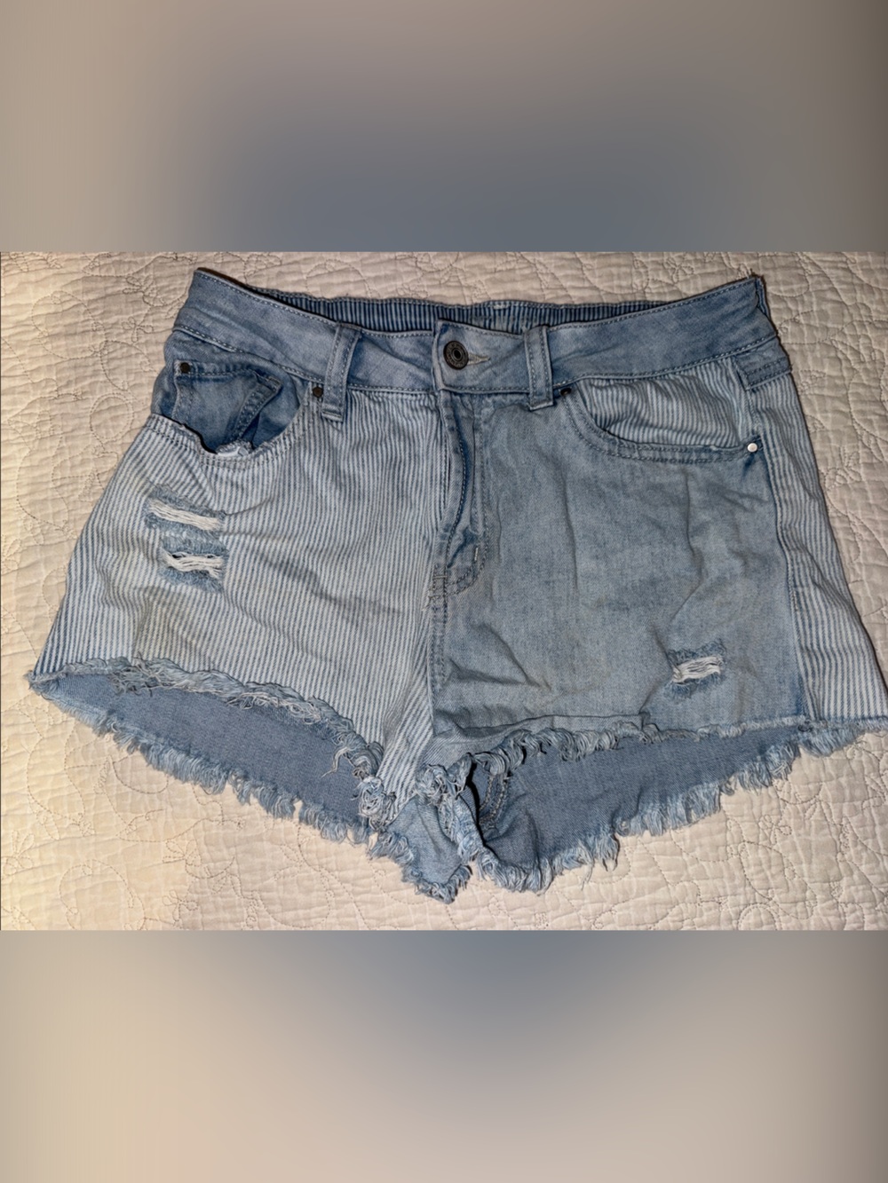Light Blue Distressed Denim Shorts - Women's